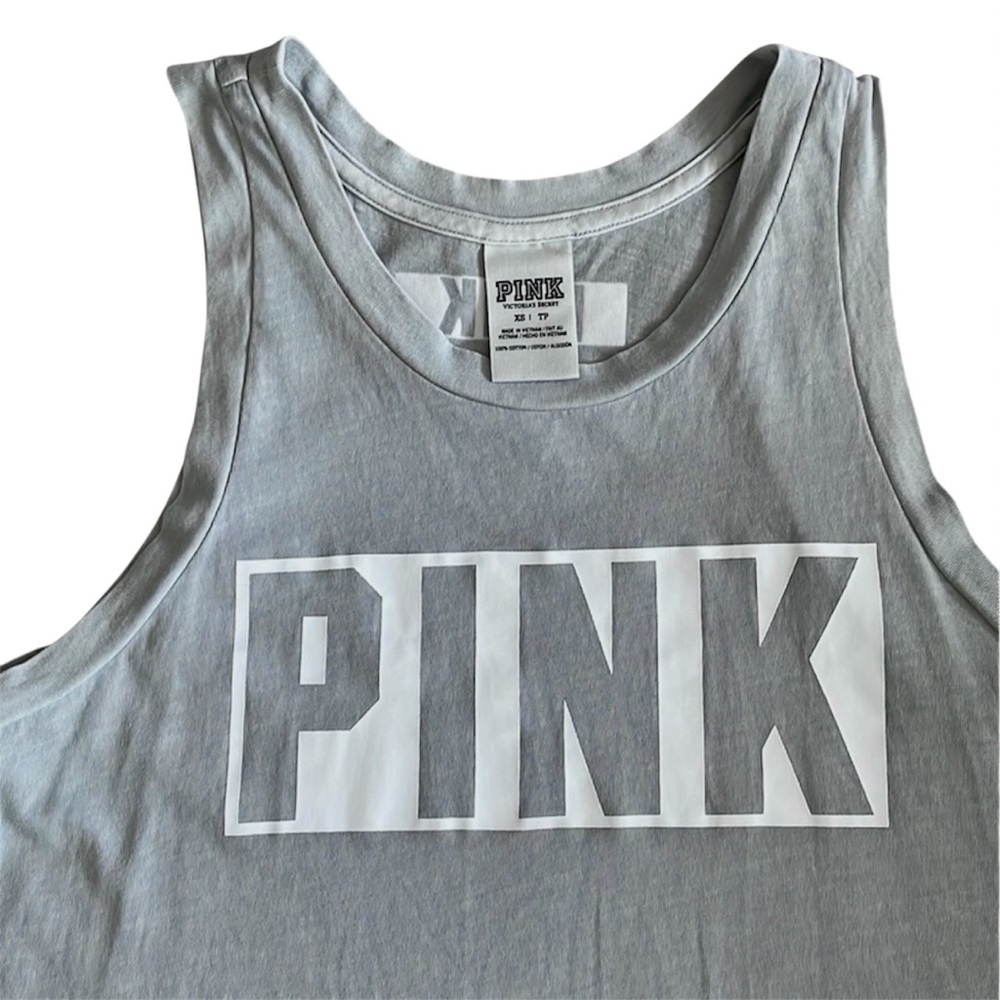 PINK Victoria’s Secret Logo Graphic Muscle Tee Tank Top Grey/White - Picture 4 of 9